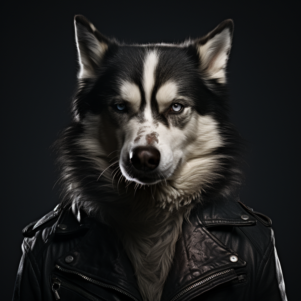 Realistic portrait of a Husky Dog dressed as a metalhead