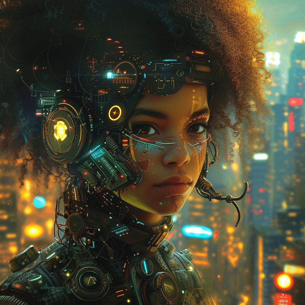 Hybrid Cyborg Afro Latina Woman in Cyberpunk Los Angeles Utopian World