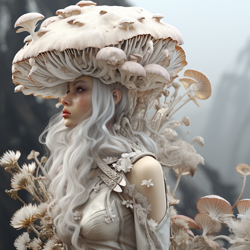 Realistic portrayal of a female hybrid mushroom species