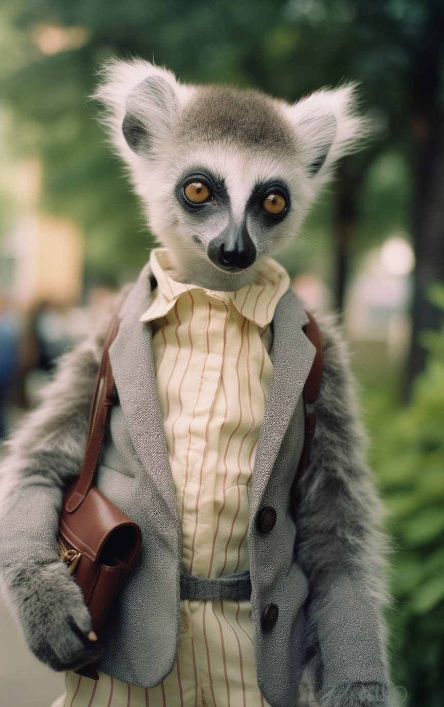 Cute hybrid ring-tailed lemur toddler wearing a skirt