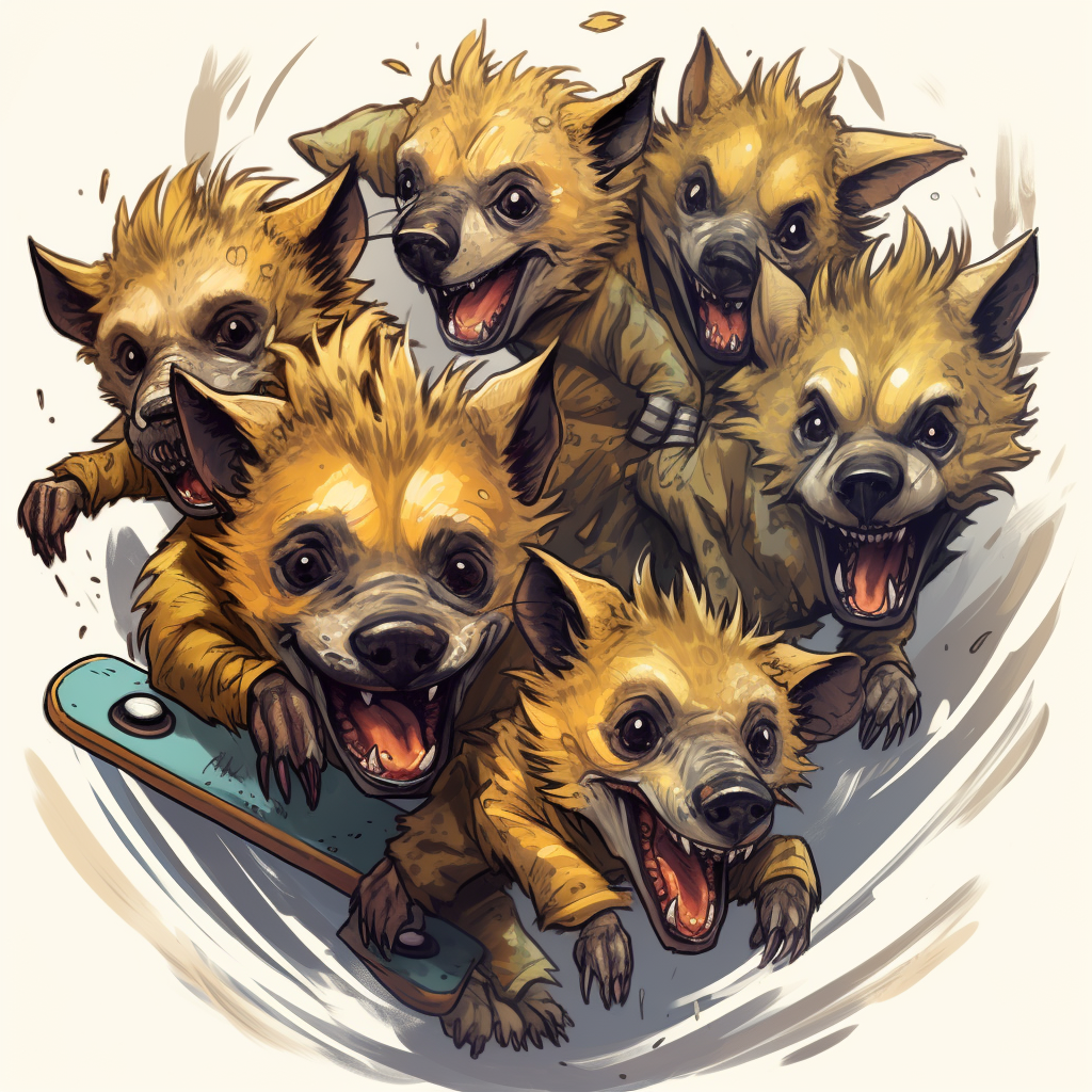 Pack of Hyenas surrounding a Skateboard