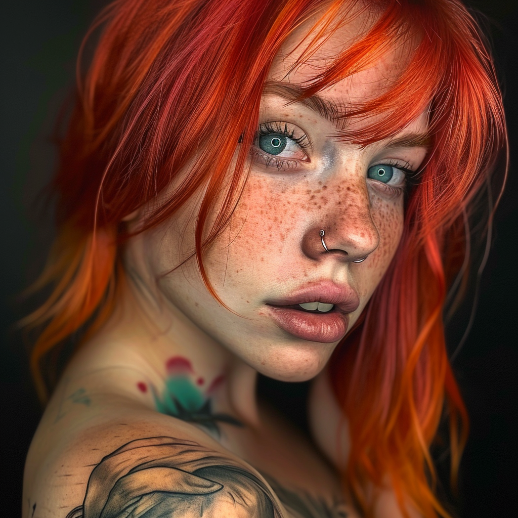 Realistic image of an Instagram model with red hair and tattoos