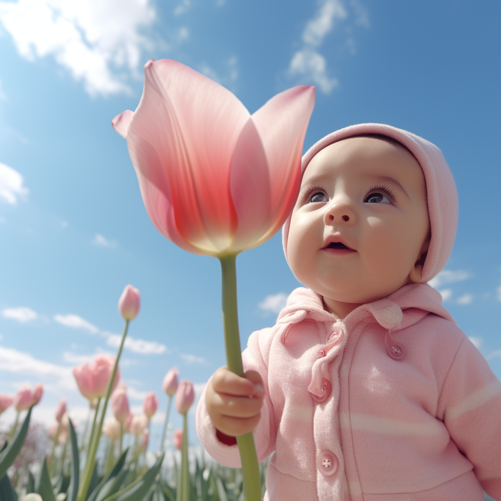 Cute Baby with Big Eyes and Pink Tulip