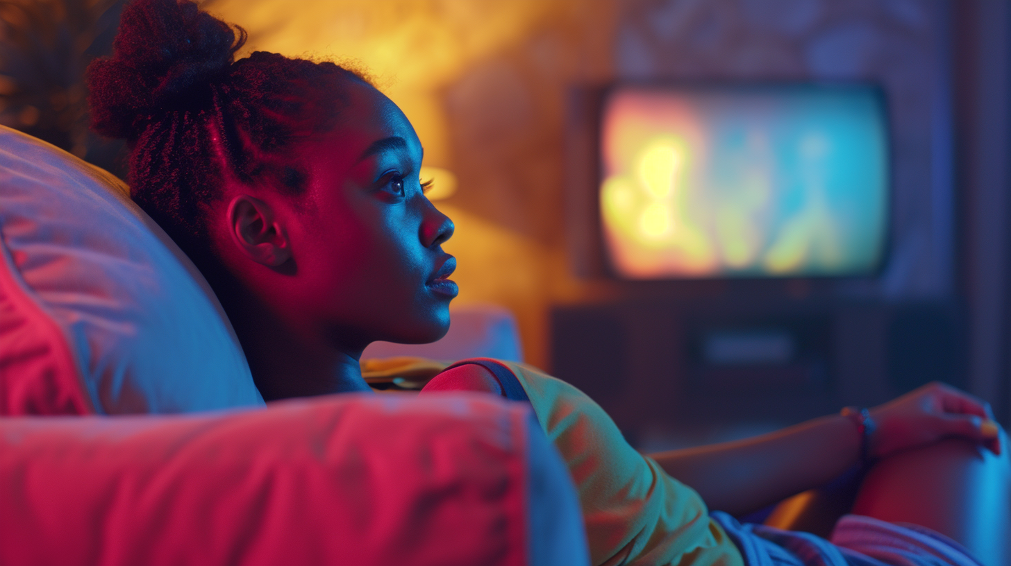 Hyper Realistic Fantasy Environment with Black Woman Watching TV