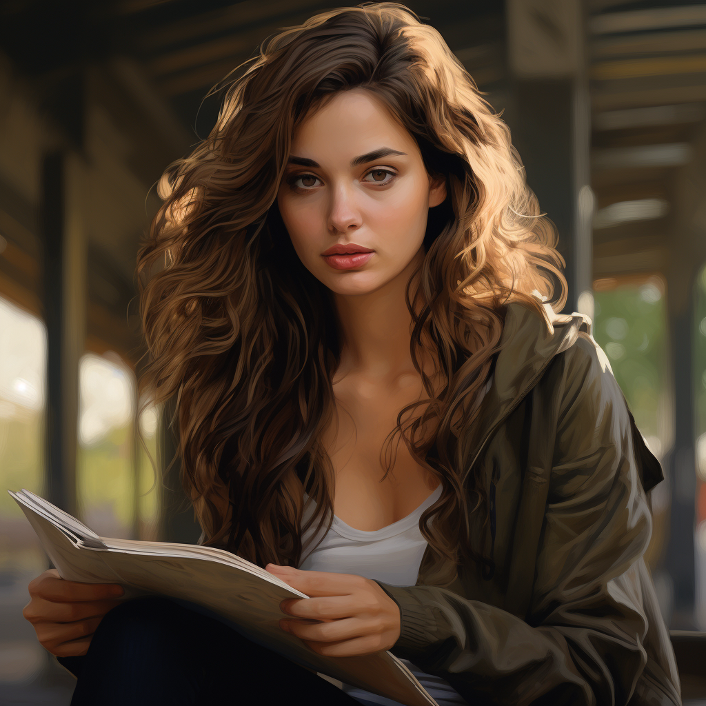 Beautiful girl reading comic on a bench