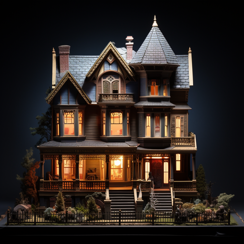 Detailed Victorian dollhouse with lights