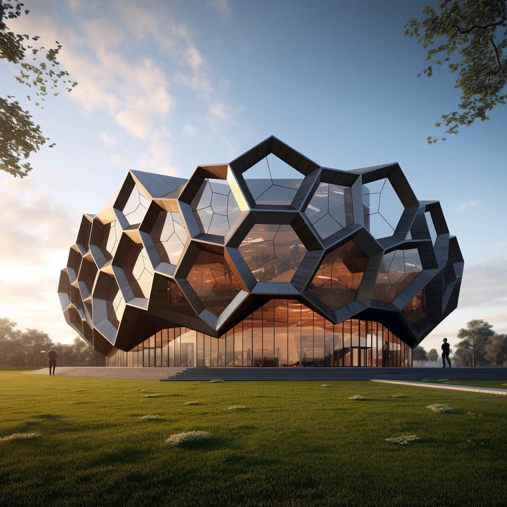 Exterior view of hyper-realistic steel lattice building