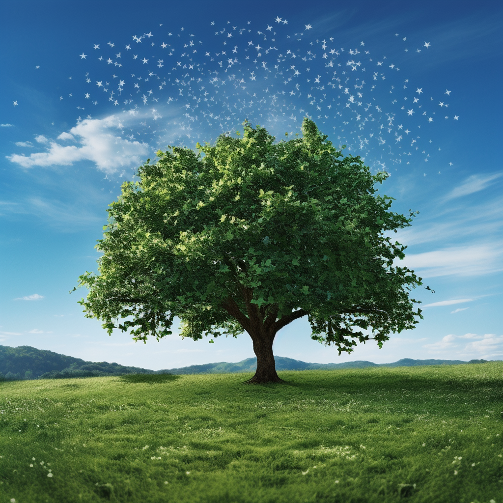 Photograph of Hyper-Realistic Tree with Star-Shaped Leaves