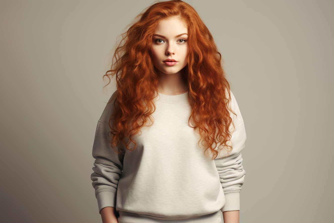 Woman with Wavy Red Hair in Blank Sweatshirt