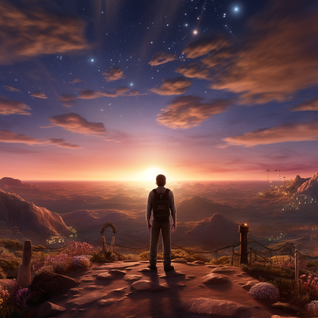 Hyperealistic Pixar Horizon Glow with Mr. Salon Walking