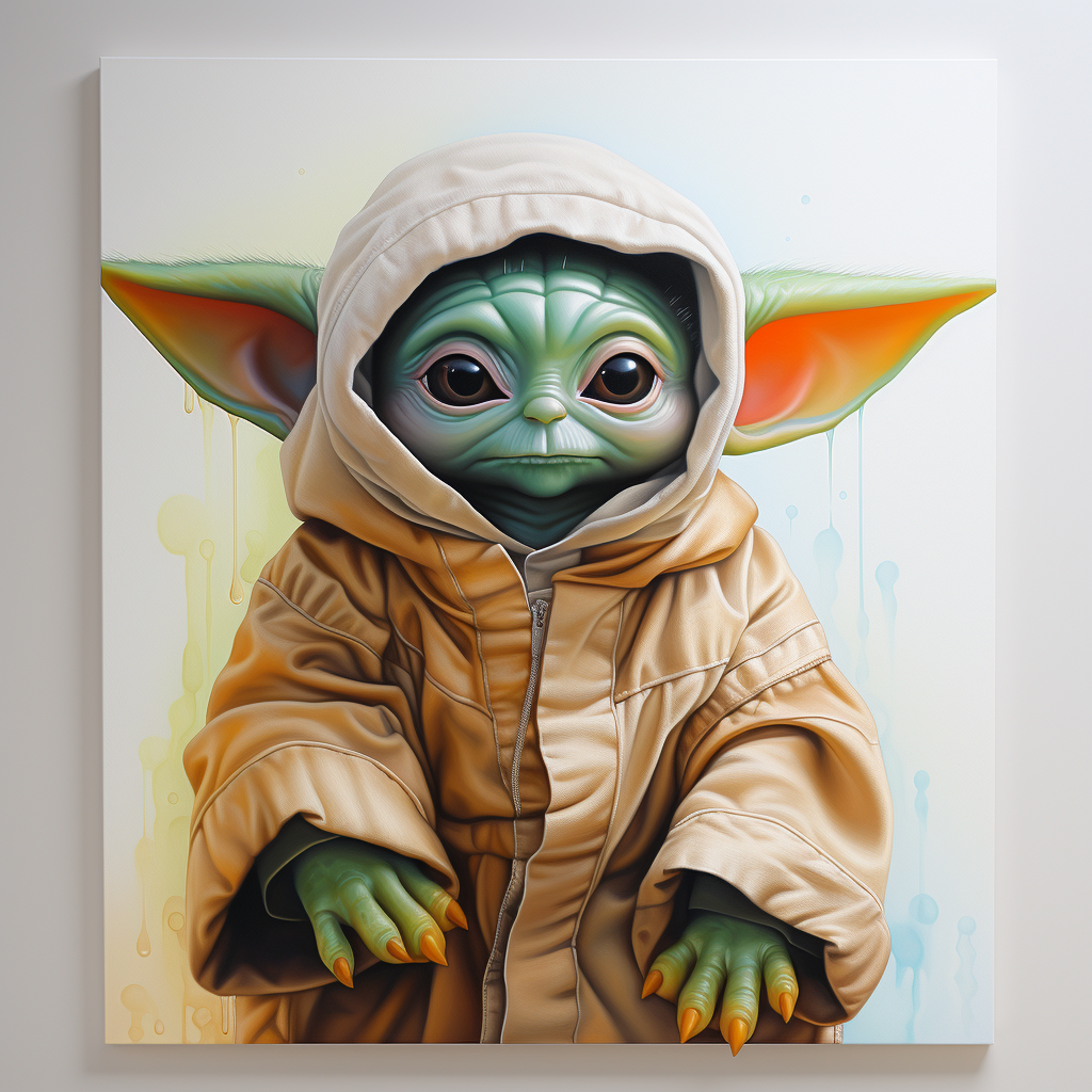 Hyperreal Baby Yoda with vibrant colors on a white background