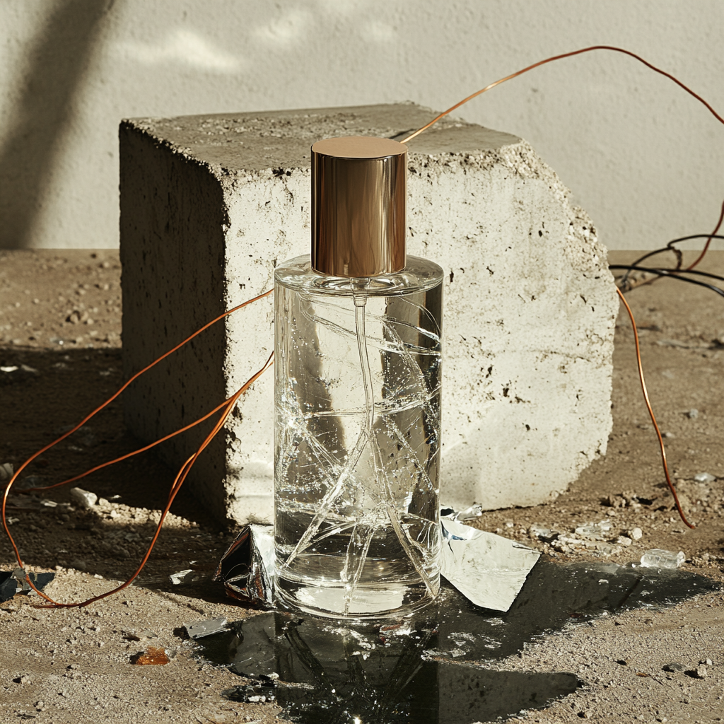 hyperreal image of cylindrical clear perfume bottle display