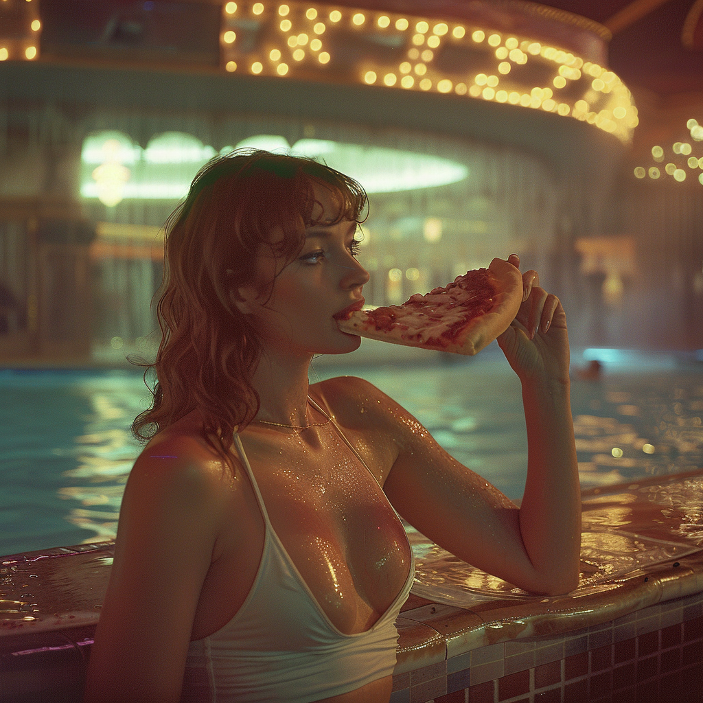 Woman Eating Pizza in Casino