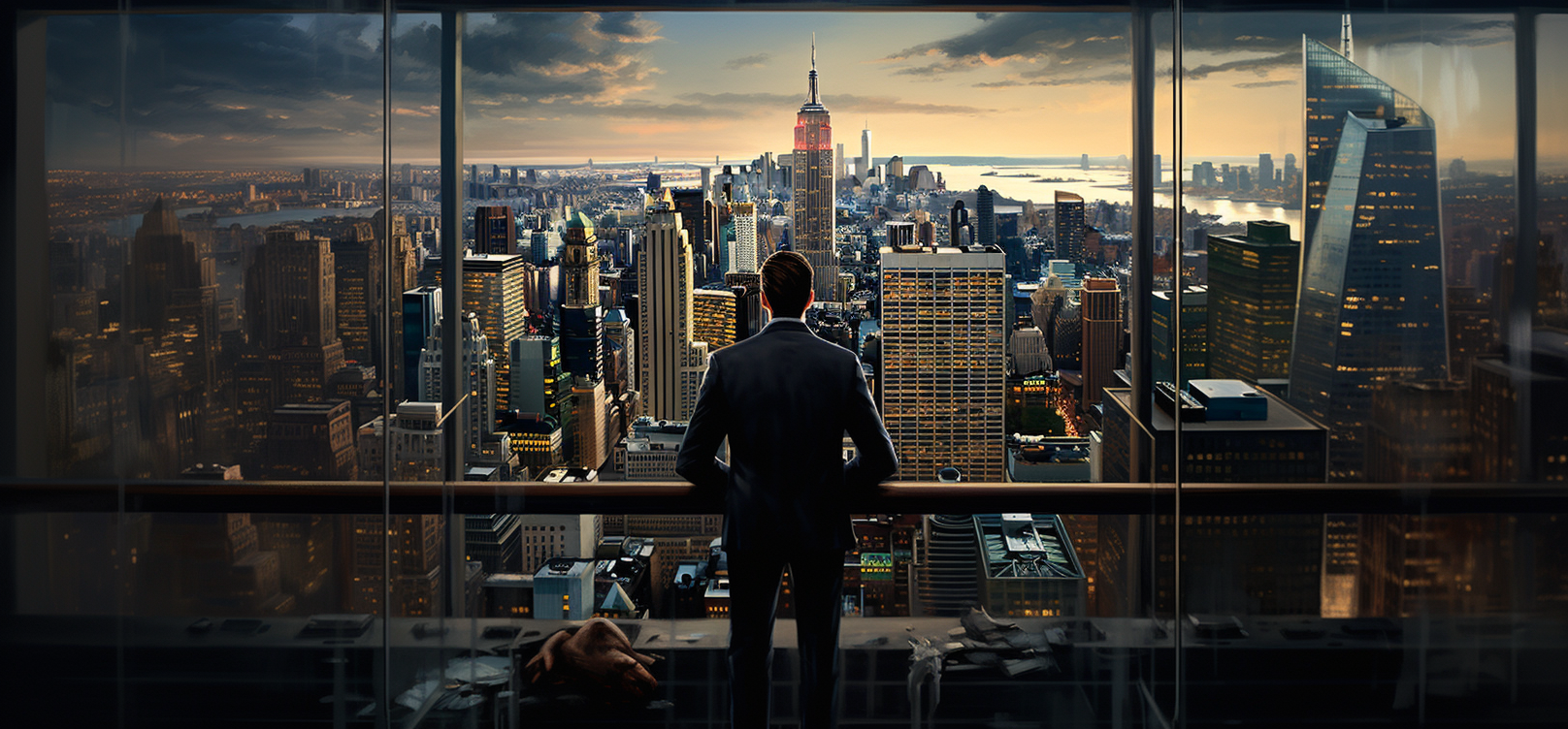 Man looking out of skyscraper's glass window