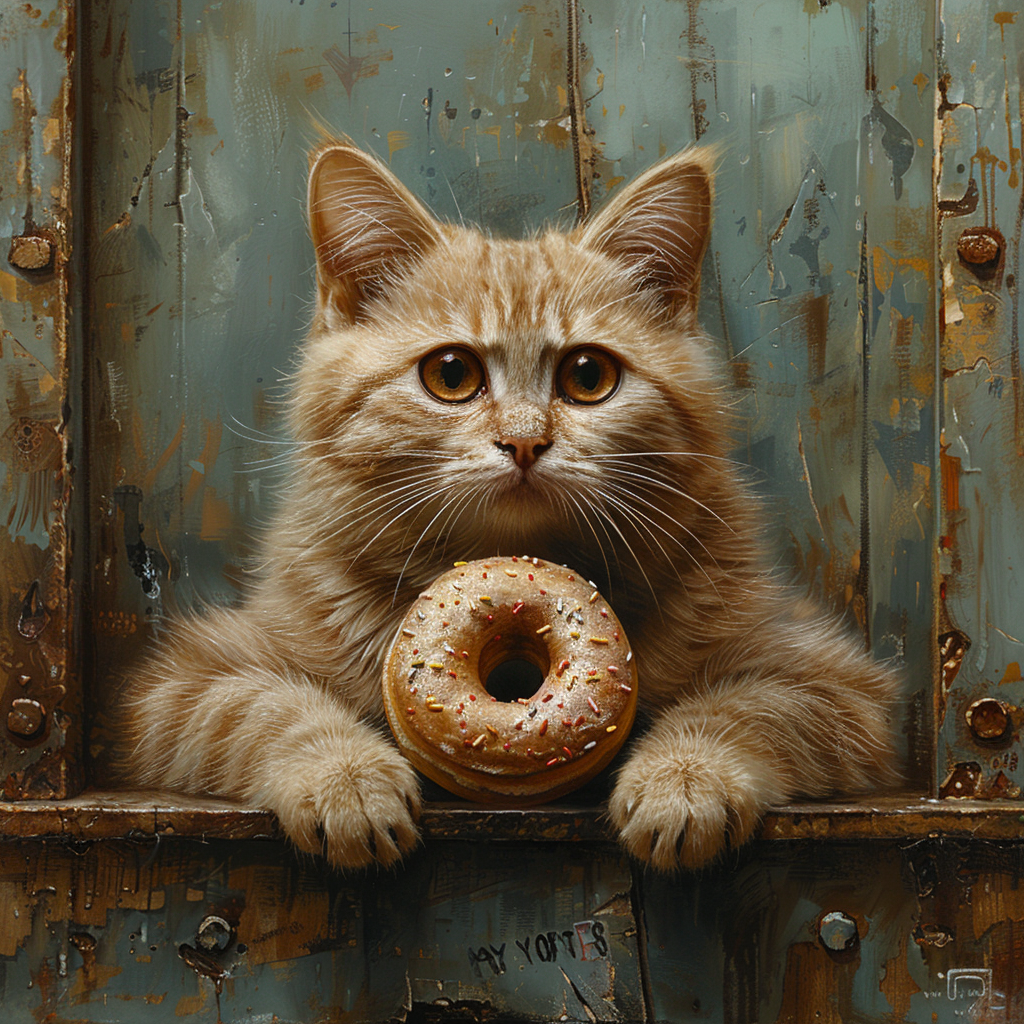 Cat holding donut mug shot