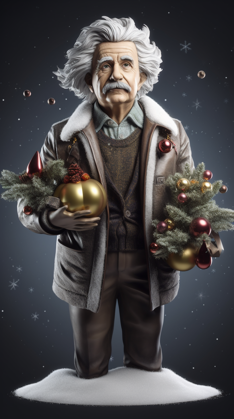 Hyperrealistic Einstein with Gift ? and Holiday Decorations