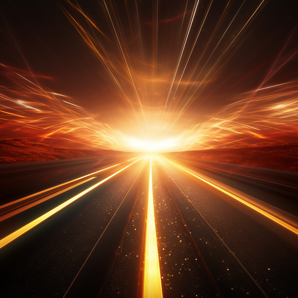 Hyperrealistic highway backdrop with red and gold light rays