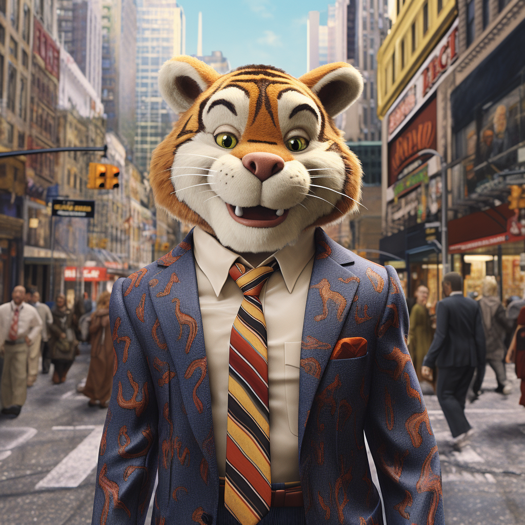 Hyperrealistic image of Tony the Tiger in a suit