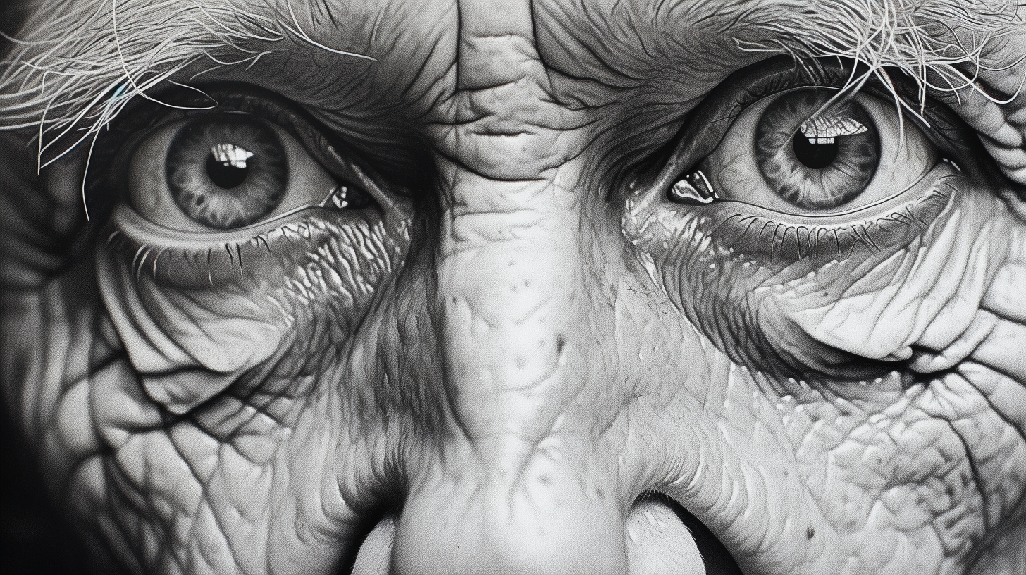 Hyperrealistic intense gaze with sweat beads and wrinkles