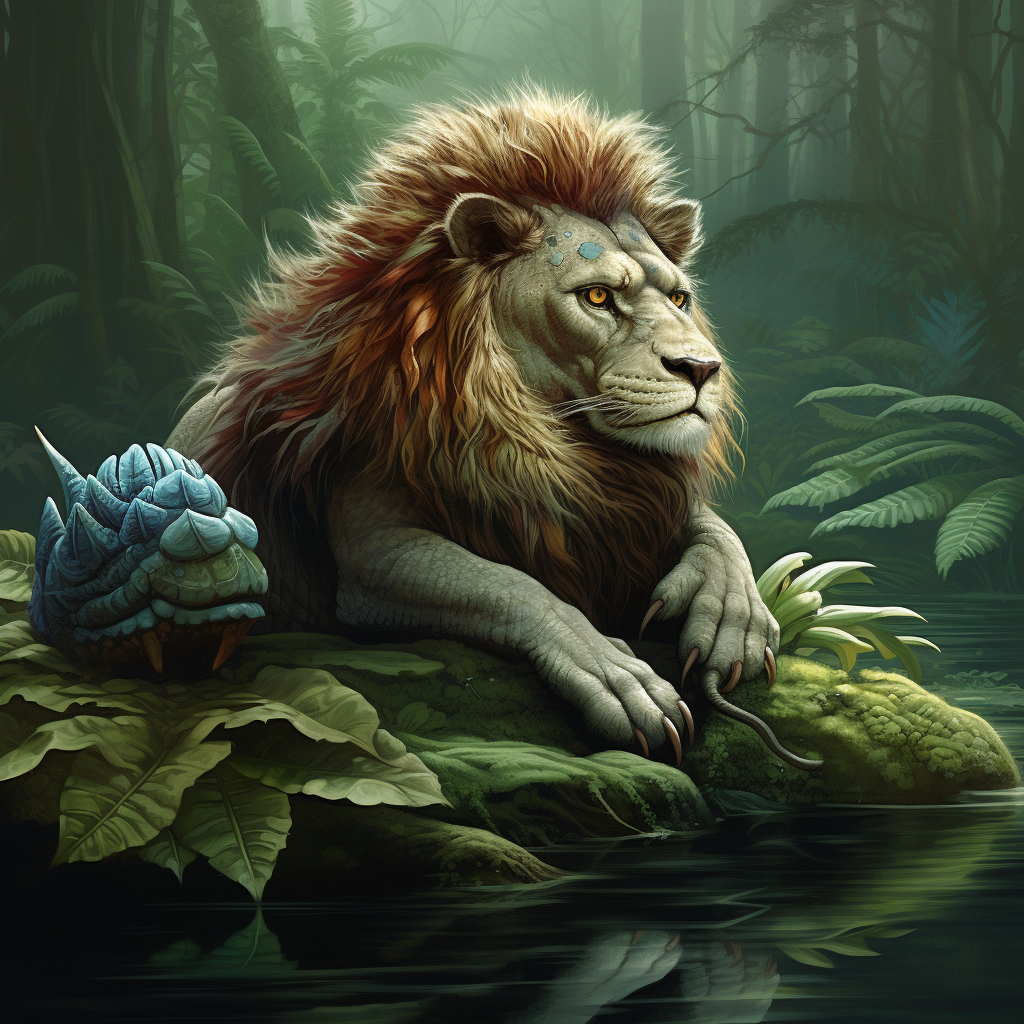 Lion sitting with turtle in hyperrealistic art