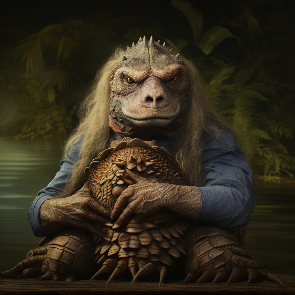 Hyperrealistic lion with a turtle on his lap