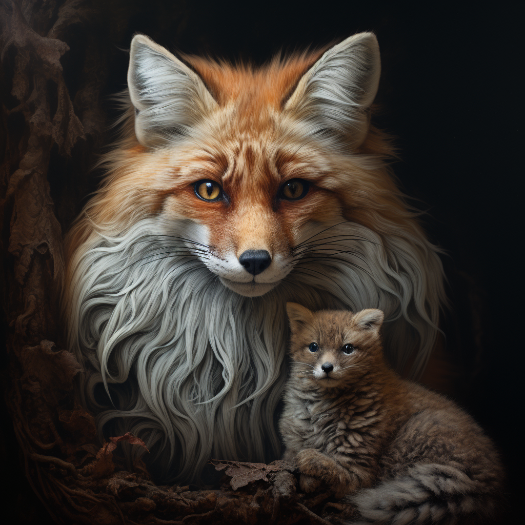 Hyperrealistic old cat with young fox