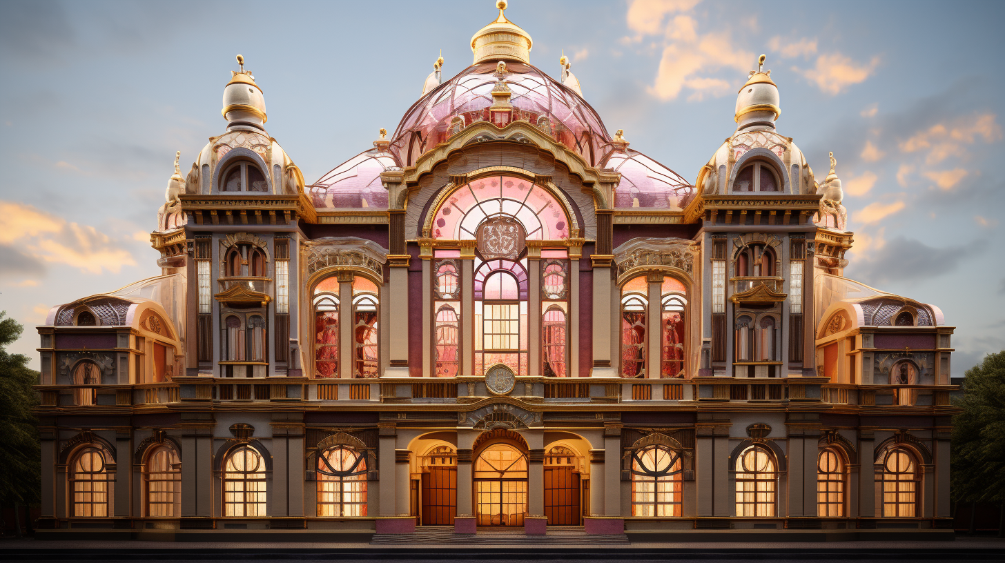 Hyperrealistic theater building in Russian-Avangard style