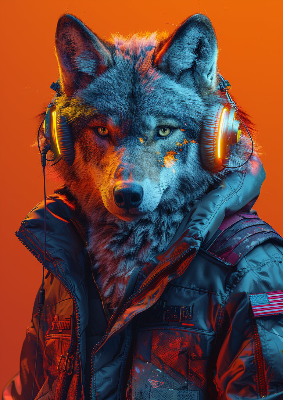 hyperrealistic wolf in cyberpunk jacket