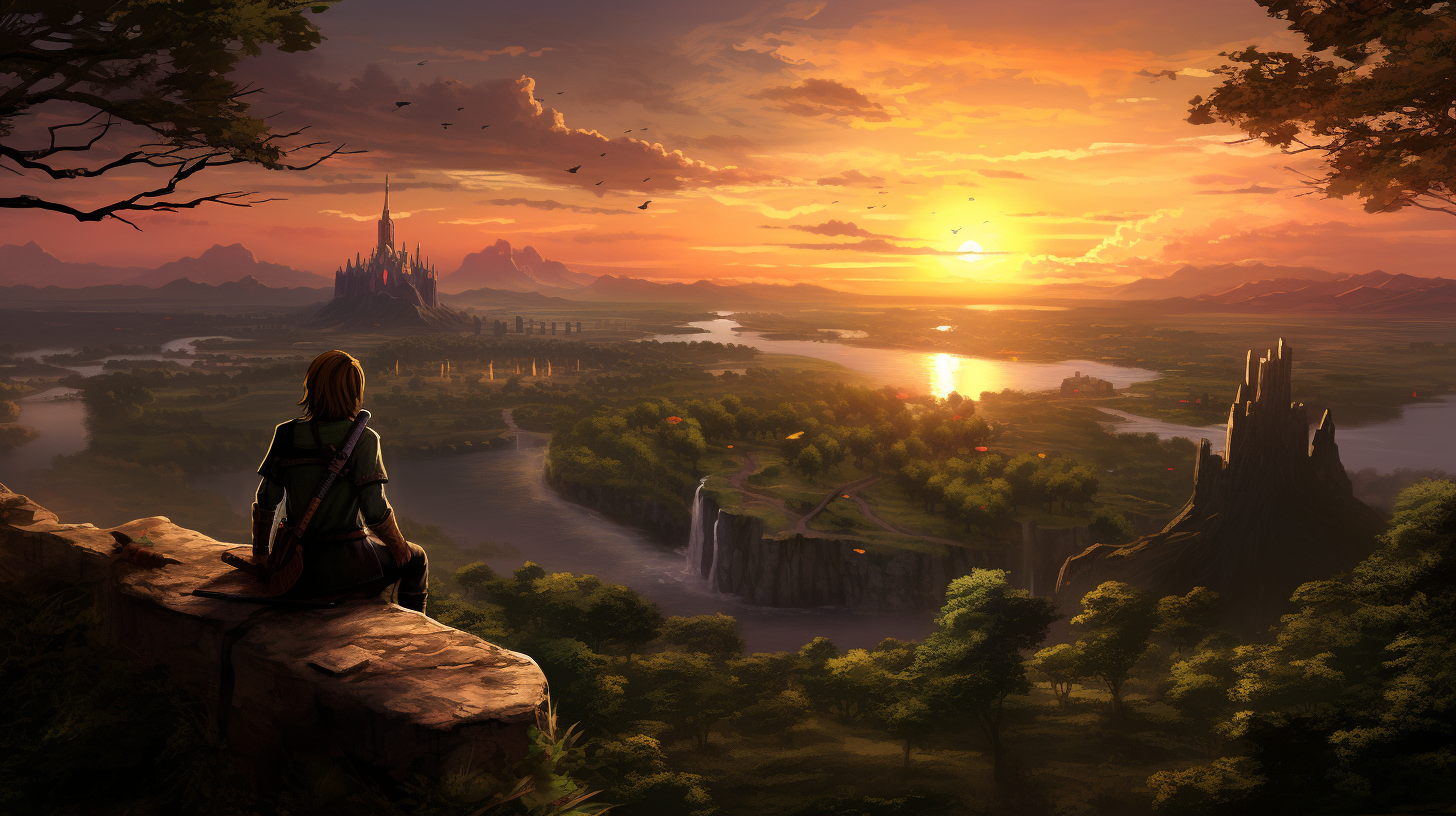 Legend of Zelda contemplating Hyrule's land at sunset