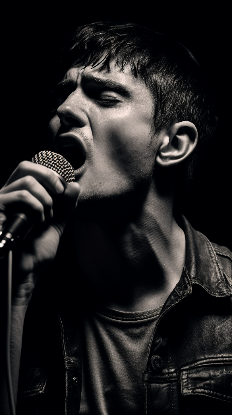 Professional portrait of Ian Curtis singing into microphone