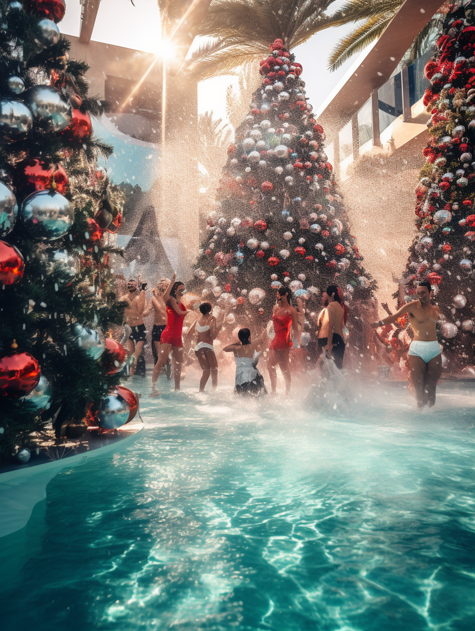 Ibiza Pool Party with Dancing People and Christmas Trees