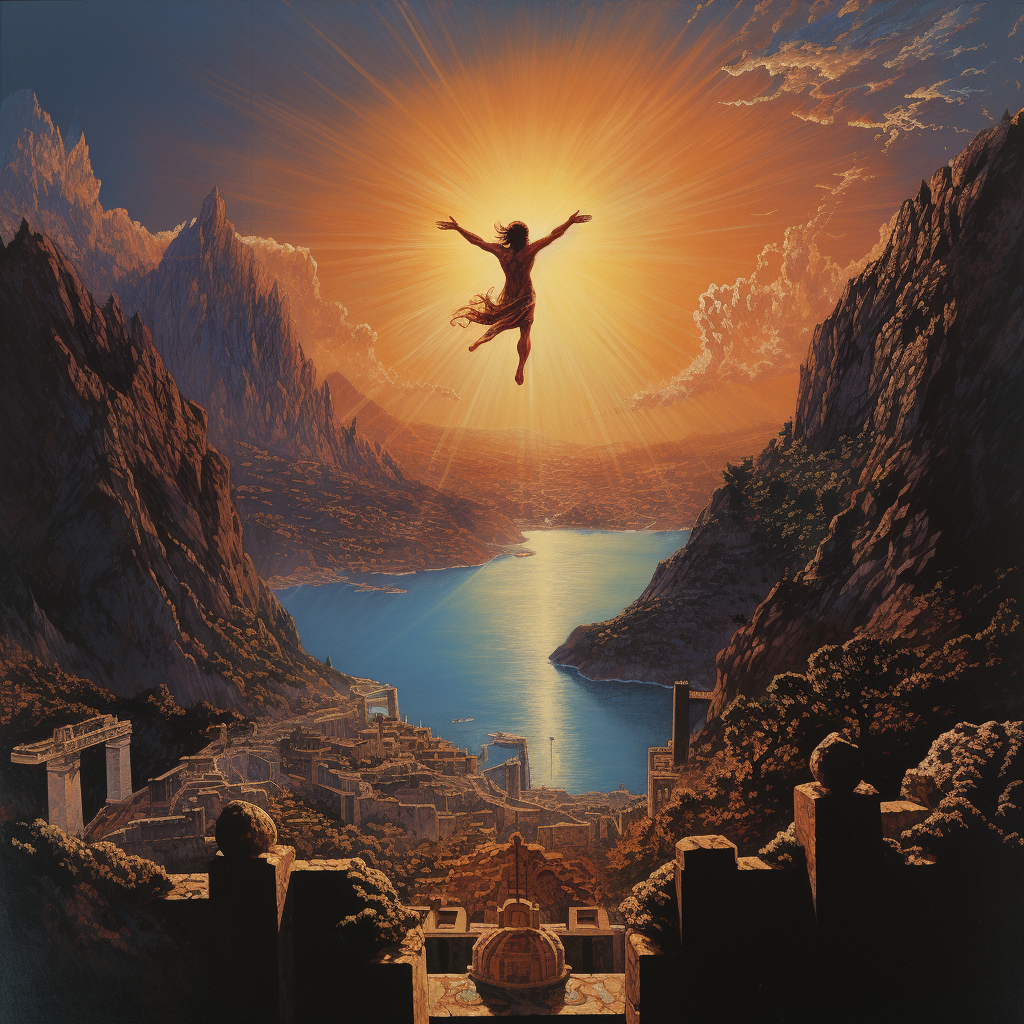 Icarus falling over sea, mountains, Greek city