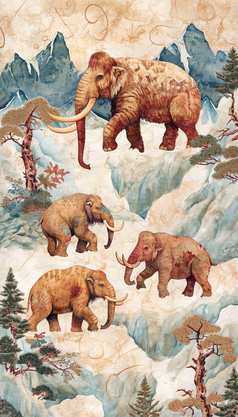 Ice Age Majesty Woolly Mammoth Silhouettes Watercolor