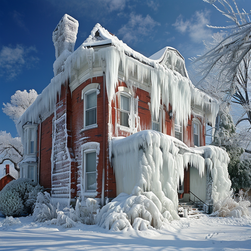 Ice covered red brick house