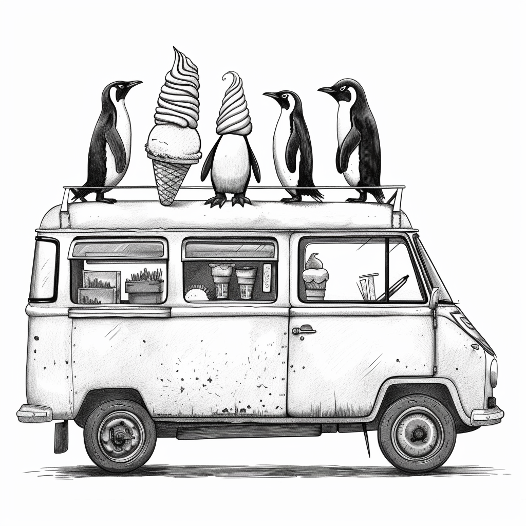 Penguins operating ice cream truck