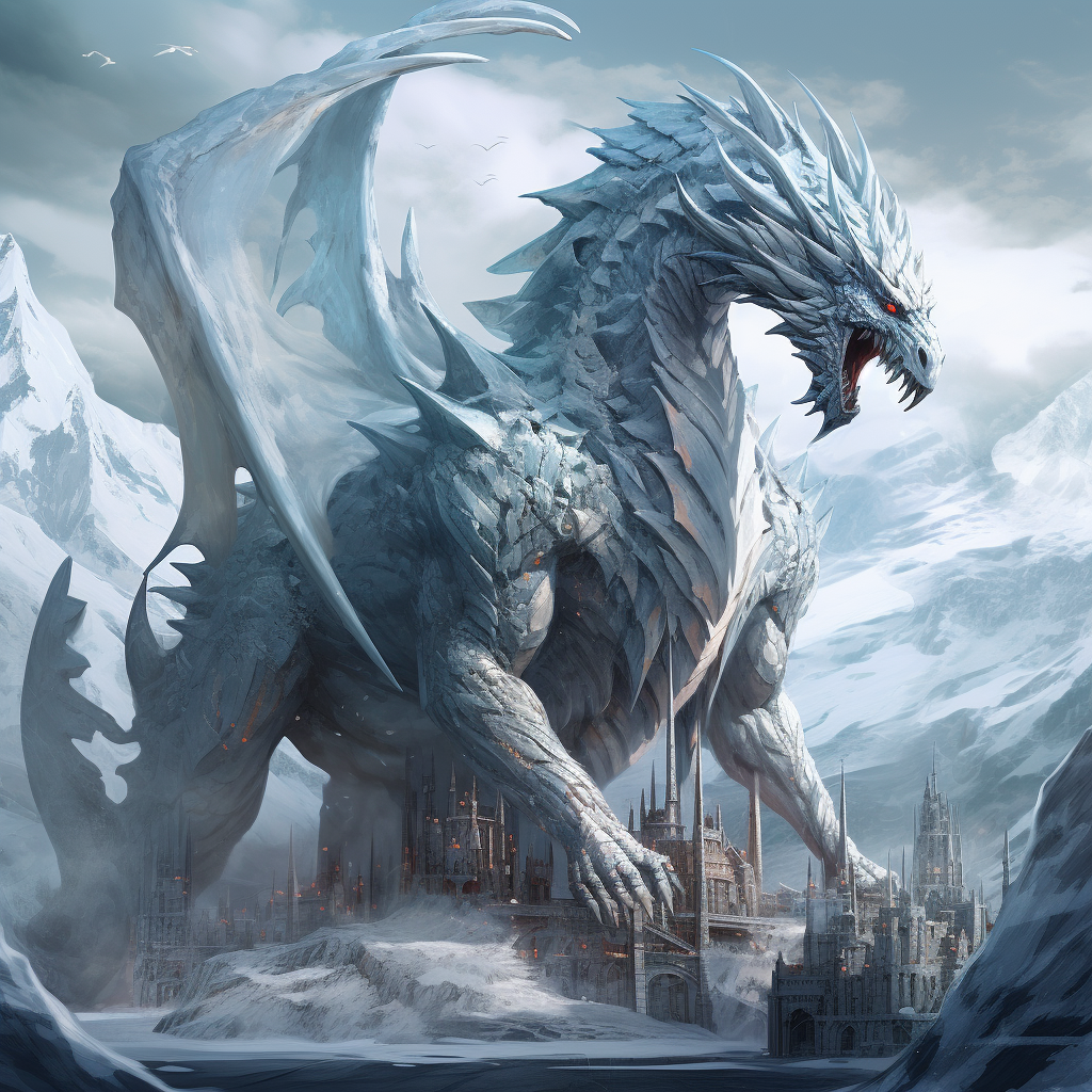 Majestic ice dragon crawling on a snowy castle