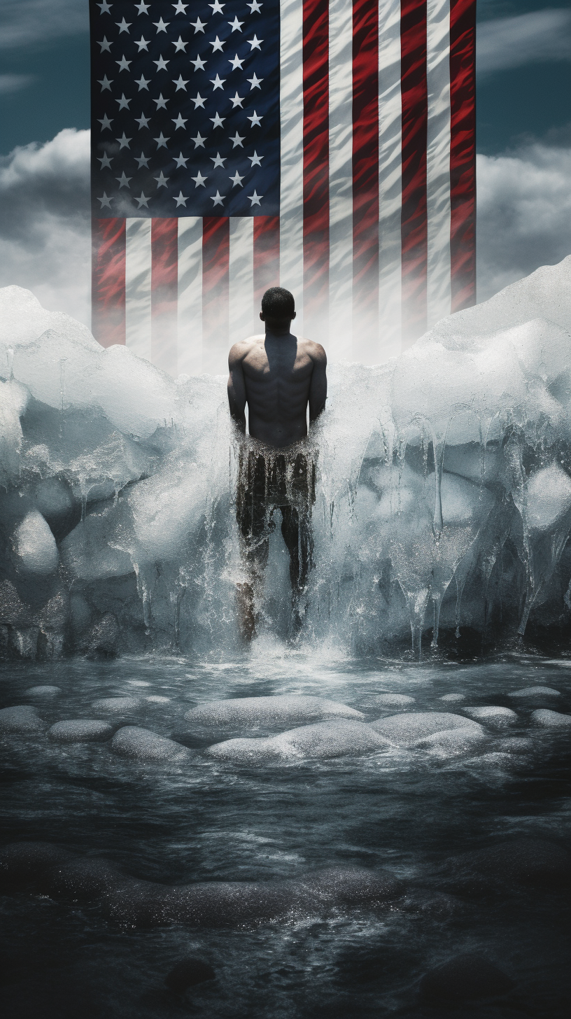 American flag standing tall amidst ice remnants