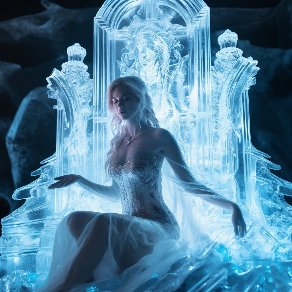 Enchanting Ice Queen in Neon-lit Ice Palace