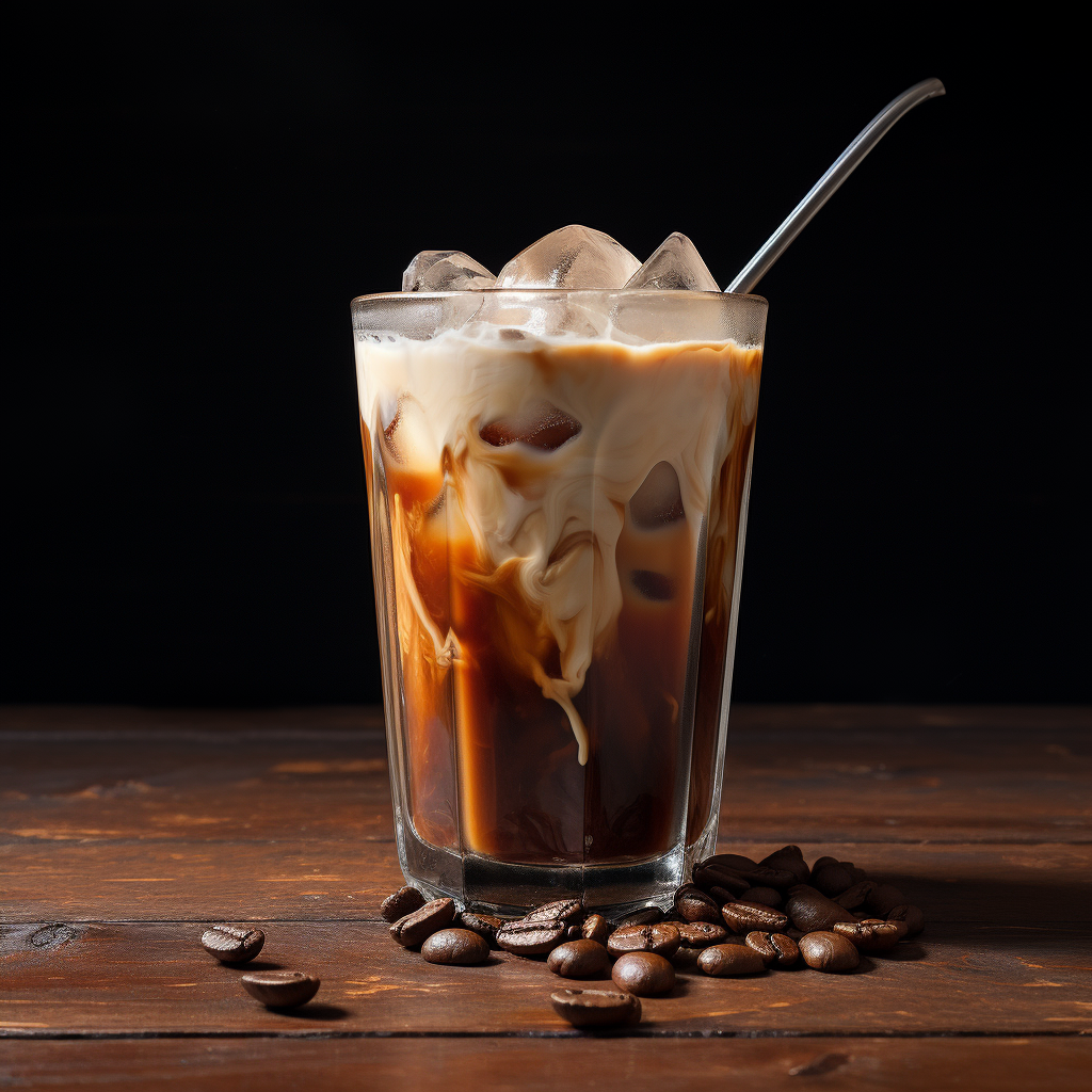 Refreshing iced coffee in glass with milk