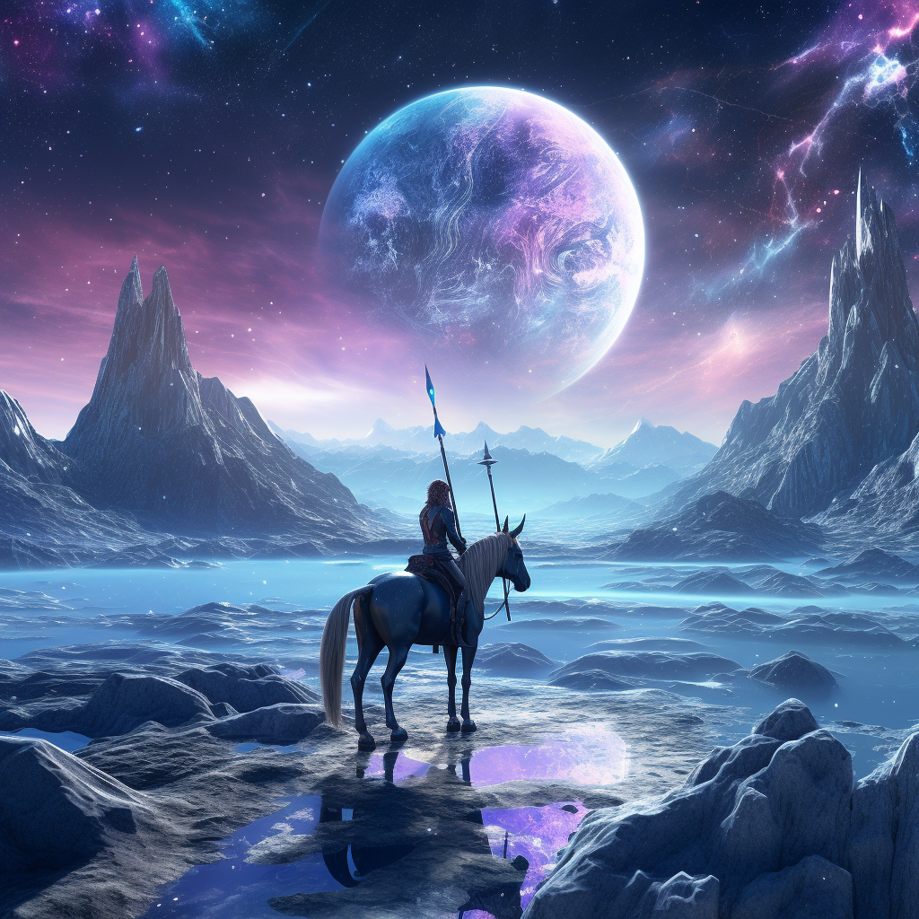 Ice hockey player riding unicorn on moon