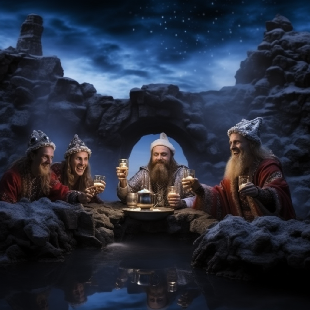 Friends celebrating Christmas in Icelandic hot spring