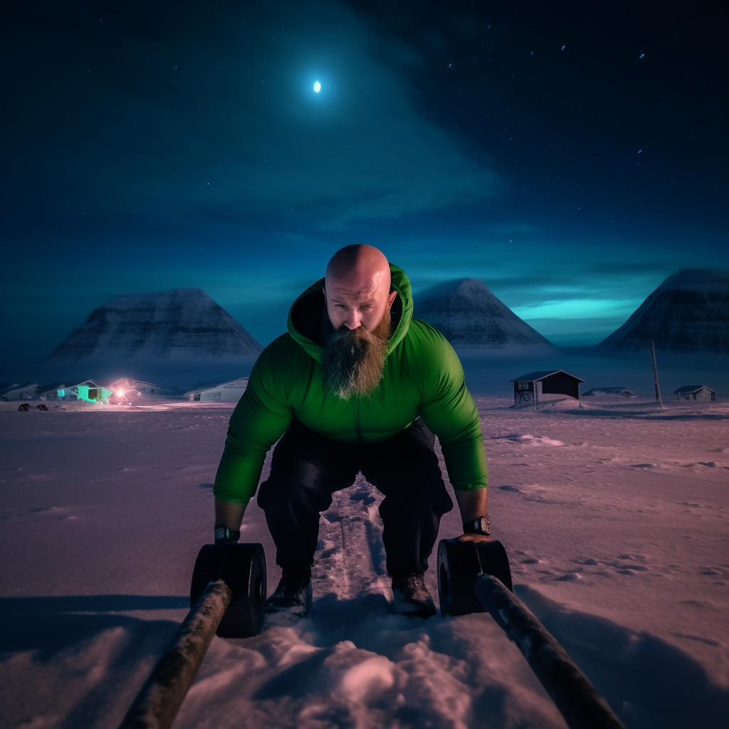 Bald Bearded Icelandic Man Deadlifting in Icy Mountain