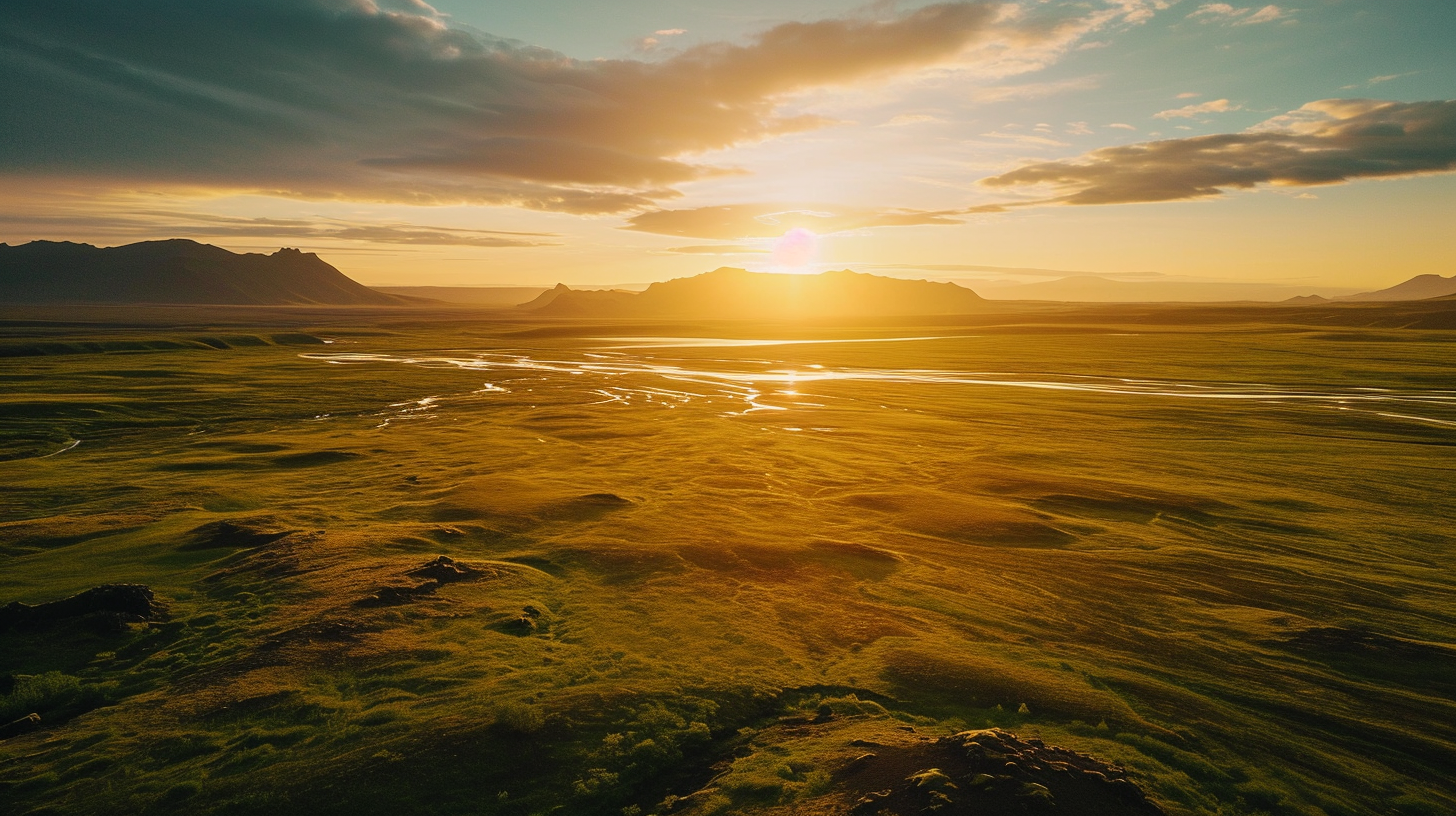 Icelandic nature drone shot at sunset