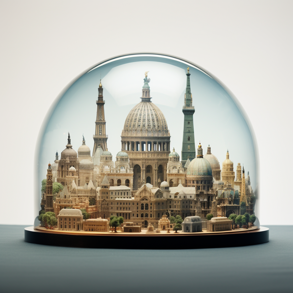 Iconic monuments in transparent domes on grid