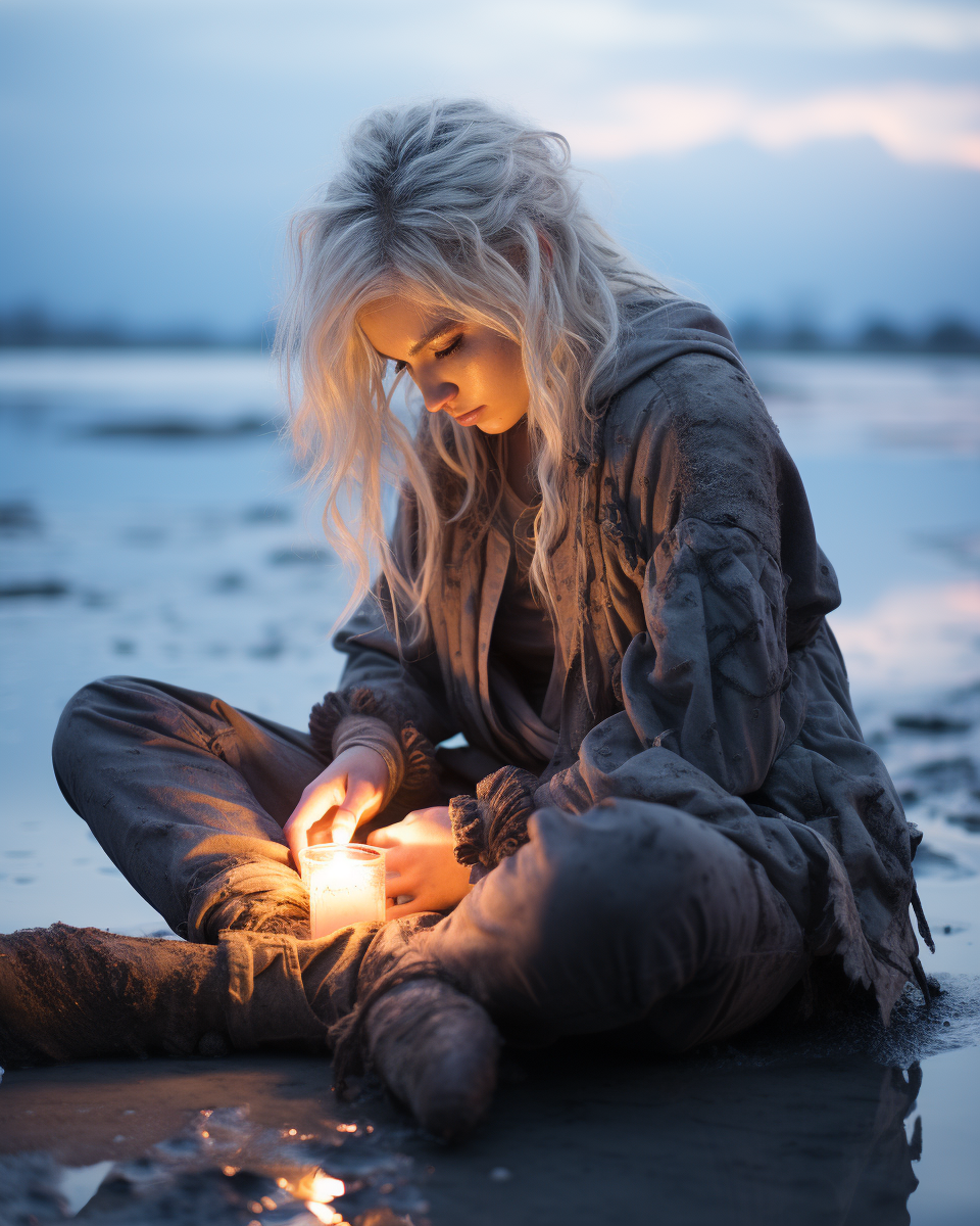 Woman with Icy White Hair in Enchanted Twilight