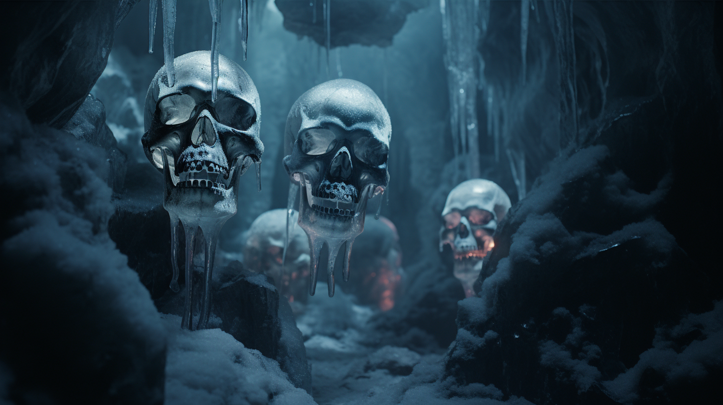 Frozen underworld with haunting mythical figures