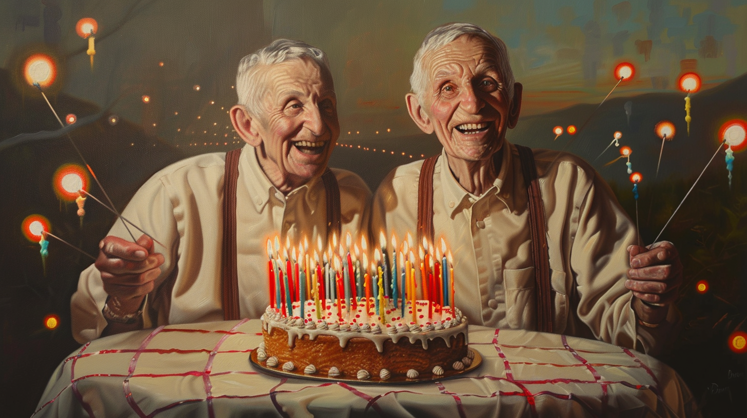 Oil painting of identical twin men birthday