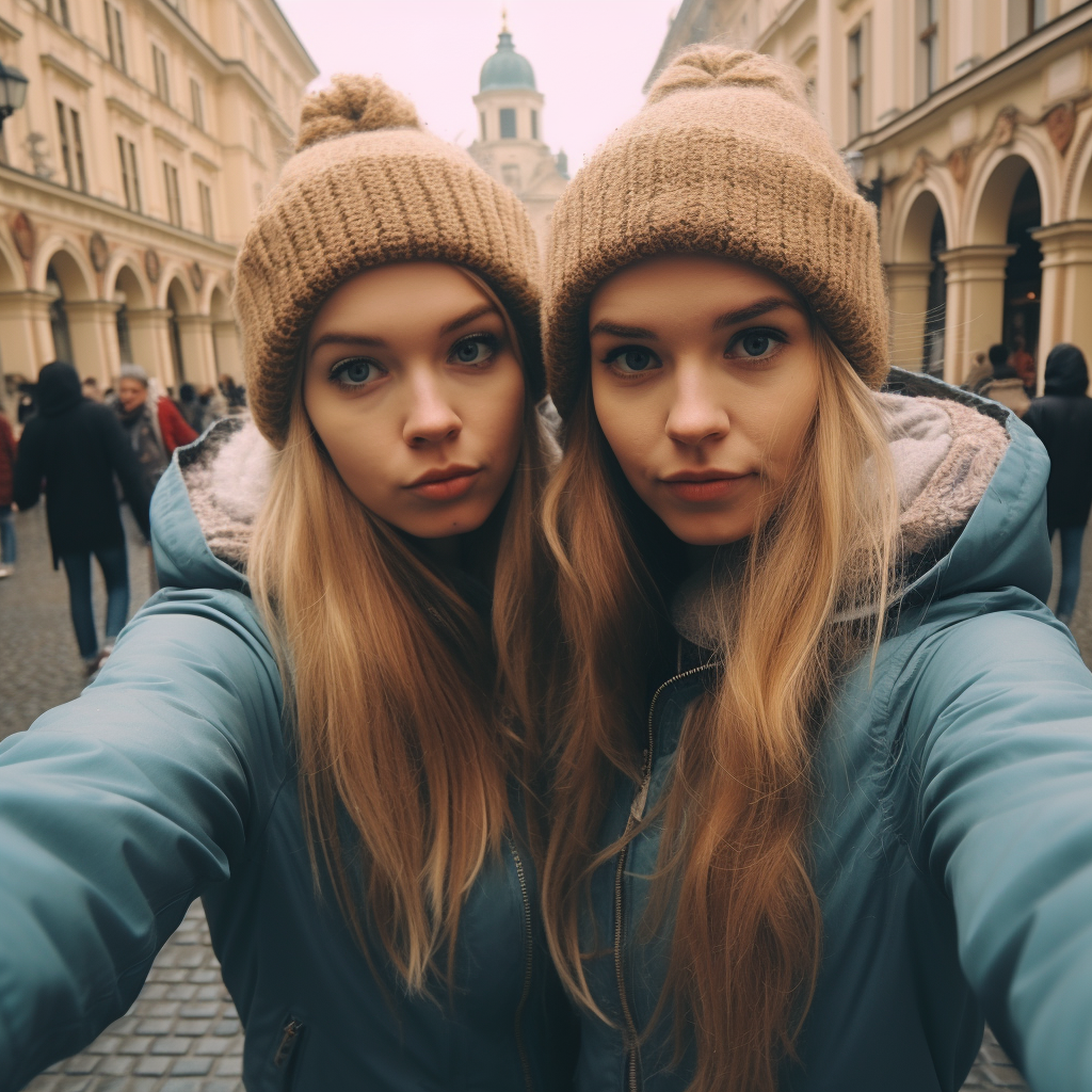 Identical twin sisters taking a selfie in Prague