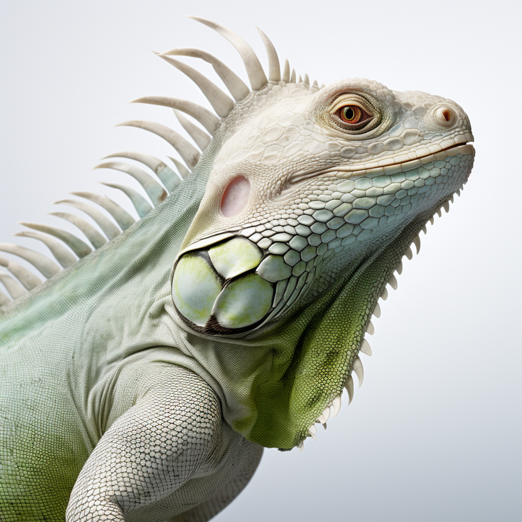 Side view of iguana with long tail on white background