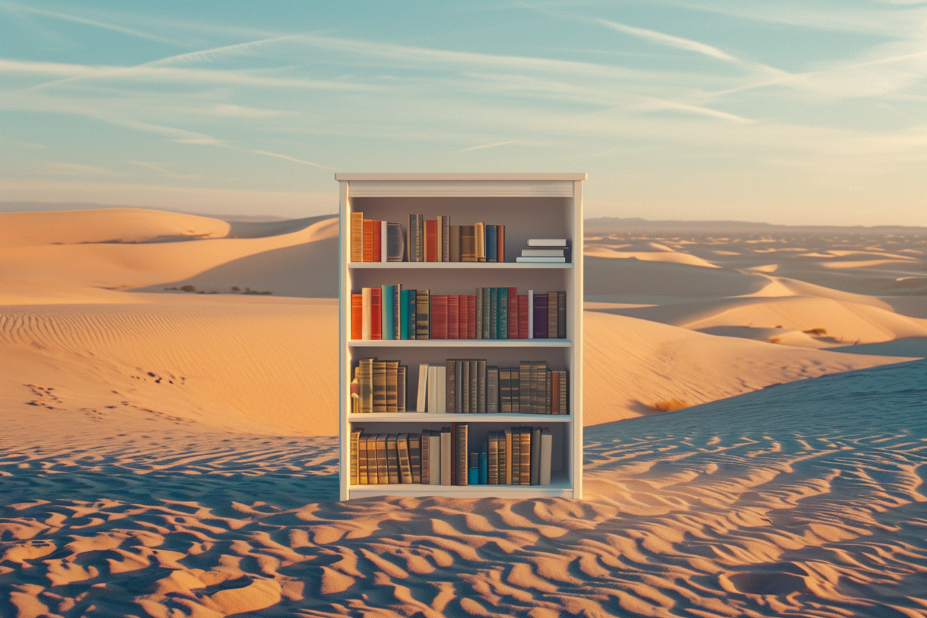 Small white bookshelf in desert sunset